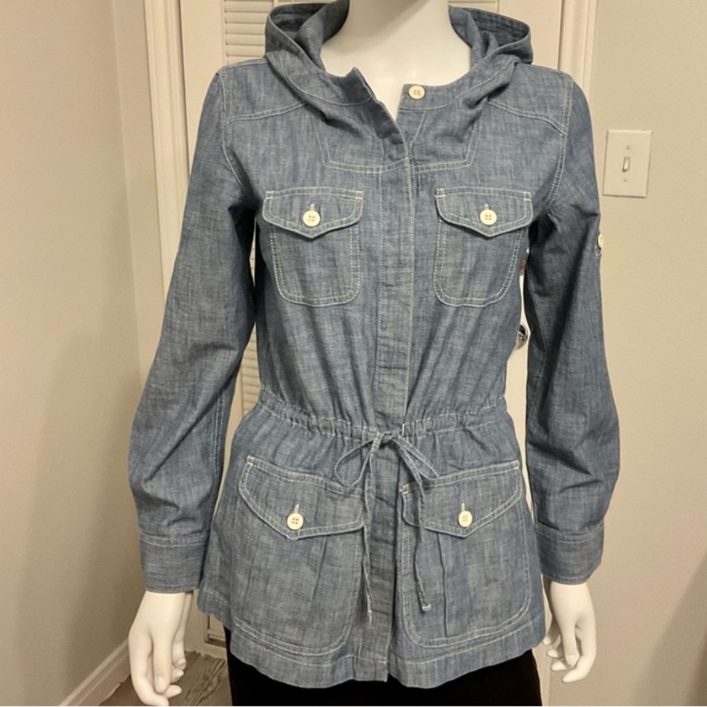 LAUREN RALPH LAUREN Chambray Light Denim Hooded Shirt Jacket Medium | EUC